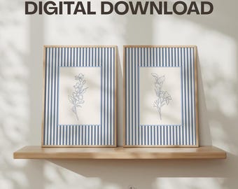 Blue Striped Vintage Style Floral Prints, Set of Two, Digital Download: Cottage Style Flowers Wall Art
