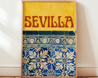 Seville Spain Tile Art Print: Colourful blue and yellow Spanish Azulejos Photography