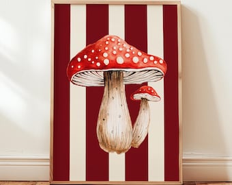 Mushroom Wall Art, Striped Decor, Burgundy Botanical Prints