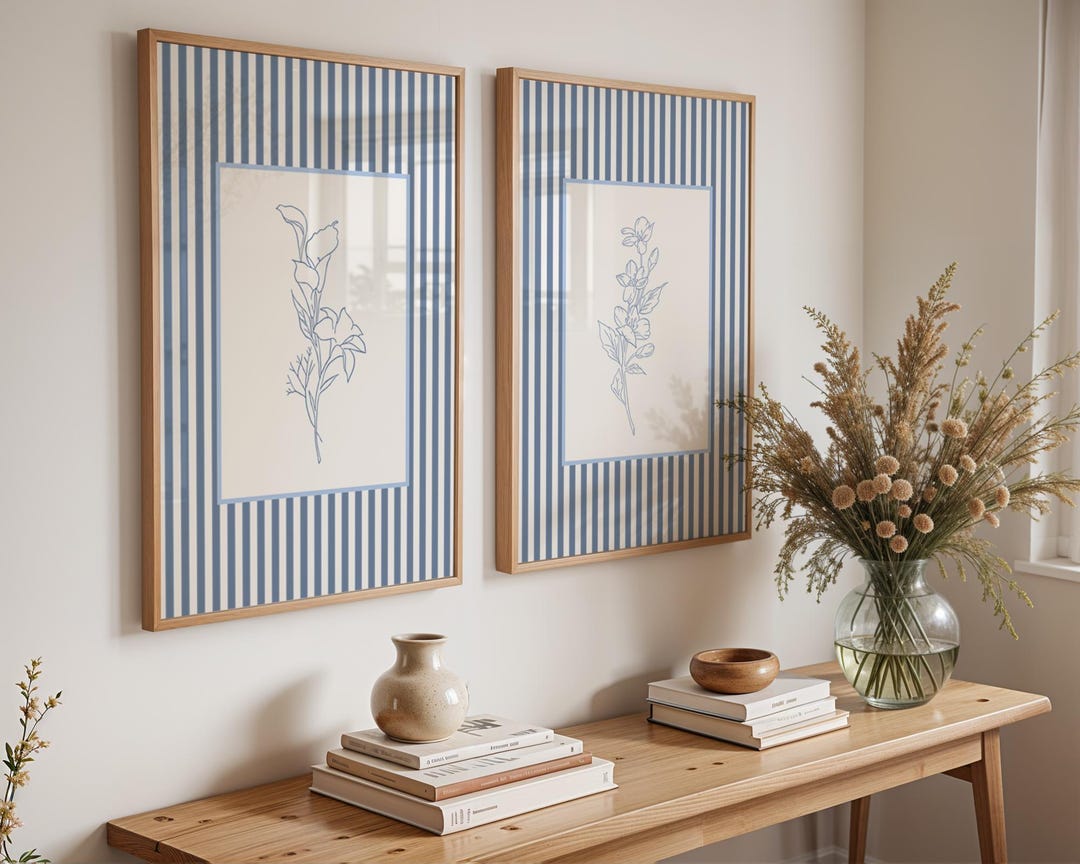 Blue Striped Vintage Style Floral Prints, Set of Two: Cottage Style Flowers Wall Art - 30x40cm