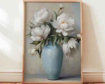 Peonies in Vase Print: Botanical Floral Wall Art, Oil Painting Style