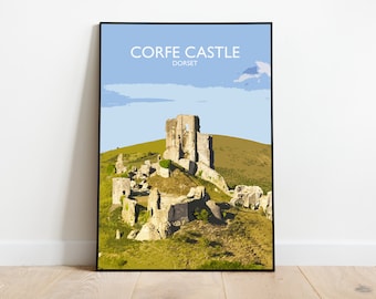 Corfe Castle Poster, Dorset Wall Art, England Coastal Towns Print, Castle Art Framed Home Decor, UK Travel Gift