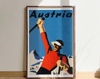 Austria vintage ski print, Skiing retro print, wall art, home decor, wall hangings, winter sports prints, Europe posters