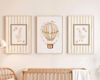 Silly goose nursery prints set of 3 beige baby bedroom wall art gallery neutral home decor hot air balloon cute digital art print