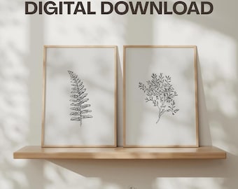 Grey Floral Prints Set of 2: Black flower line art on grey background, botanical wall decor