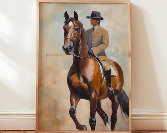 Horse Riding Print: Beige Brown Equestrian Wall Art, Vintage Style