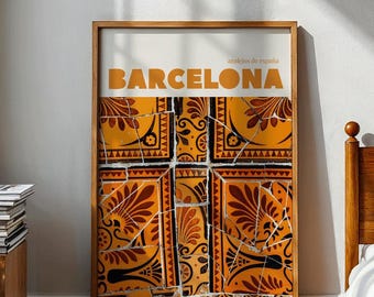 Barcelona Spain Tile Wall Art Print, Colourful Spanish Azulejos, Travel Photography, European Decor, Summer prints, orange theme, Parc Guell