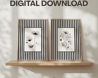 Black Striped Minimalist Flower Floral Wall Art Prints Set of 2 Digital Download: Cottage Style Botanical Decor