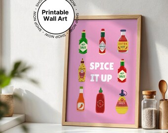 Spice it up hot sauce printable digital wall art kitchen prints in pink, food and drink print at home art, sauces, quirky food printables