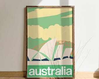 Australia Sydney vintage travel poster, Australia retro travel print, wall art, home decor, wall hangings, Travel lover gifts, yellow green
