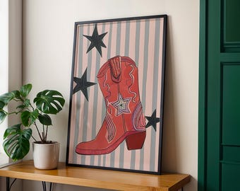 Red Cowboy Boot Print – Western Wall Art, Country Decor, Rodeo Aesthetic Poster, Illustrated Boot Art, Cowgirl Room Decor, Rustic Prints,