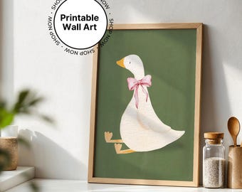 Silly goose printable digital art, print at home wall art silly goose with bow tie home nursery decor print framed in olive green pink