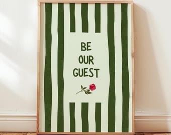 Be Our Guest Wall Art Hallway Print, Sage Green Stripes, Beauty and the Beast Inspired