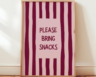 Please Bring Snacks Wall Art, Fun Quote Print, Burgundy Pink Striped Decor