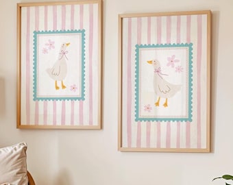 Silly goose nursery prints set of 2 dusty pink baby bedroom wall art gallery neutral home decor hot air balloon cute digital art print