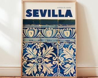 Seville Spain Tile Wall Art Print: Blue Spanish Azulejos, European Decor, Spain travel poster