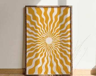 Boho sun wall art framed print calming nature decor yellow retro digital prints