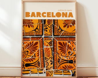Barcelona Orange Tile Wall Art Print: Spanish Azulejos, European Decor