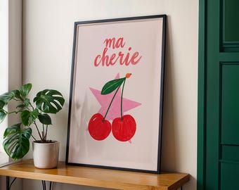 Ma Cheri Print – Illustrated Cherry Wall Art, Groovy Kitchen Decor, Pantry Art, Retro food prints, Romantic prints, Valentine's Day prints