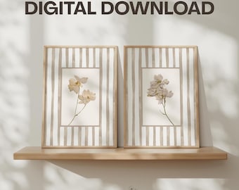 Beige Floral Wall Art Prints Set of 2 Digital Download: Cottage Style Botanical Decor