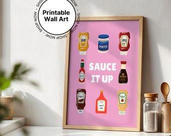 Sauce it up printable digital wall art kitchen prints in pink food and drink print at home art sauces fun food printables