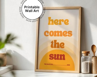 Here comes the sun lyrics printable wall art, The Beatles Music Prints, Lyrics Prints, Retro, Music Wall Art, Musical Posters, summer prints