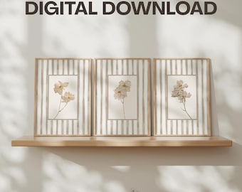 Beige Floral Wall Art Prints Set of 3 Digital Download: Cottage Style Dried Flowers, Beige Flower Decor