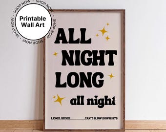 All night long lyrics printable wall art, Lionel Richie Prints, Lyrics Prints, Retro, Music Wall Art, Musical Posters, 70s famous music