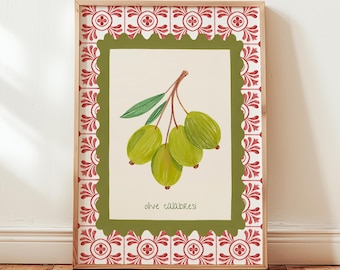 Olives Print, Kitchen Wall Art Print: Italian Tile Mediterranean Decor