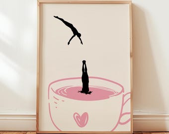 Coffee Diver Print, Surreal Coffee Art, Diving Illustration, Cafe Decor