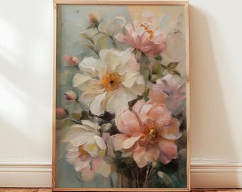 Pink and White Flowers Floral Oil Painting Print: Still life Painting Wall Art