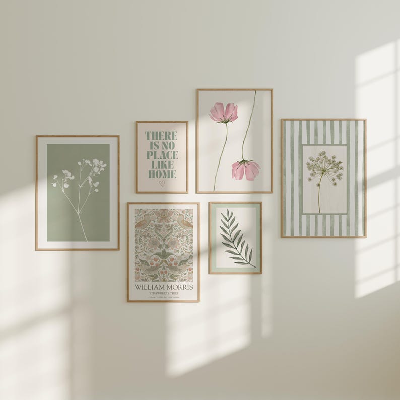 Sage Green and Dusty Pink Floral Gallery Wall Art Set of 6: Pink Green ...
