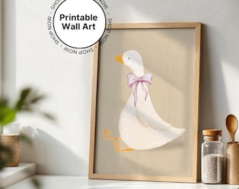 Silly goose beige printable wall art with dusty pink coquette bow tie home nursery decor print at home baby girls room