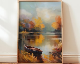 Autumn Lake Landscape Print: Fall Scenic Boat Wall Art