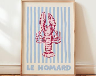 Lobster Wall Art Print, Le Homard, Coastal Kitchen Decor, Nautical Gift, Lobster poster
