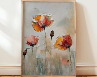 Red Poppies Floral Print: Vintage Oil Painting Style Wall Art