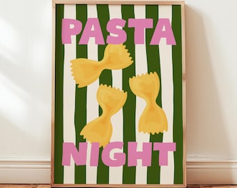 Pasta Night Art Print, Green Stripes, Italian Kitchen Decor