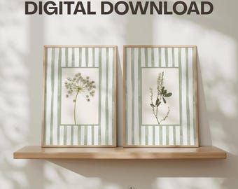 Sage Green Floral Wall Art Prints Set of 2 Digital Download: Cottage Style Botanical Decor