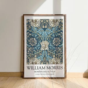 Caprifoglio e tulipano, stampa William Morris, arte murale vintage floreale blu, arredamento per la casa in stile art nouveau