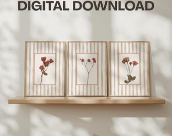 Burgundy Floral Wall Art Prints Set of 3 Digital Download: Cottage Style Dried Flowers, Burgundy Decor