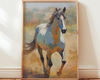 White Horse Painting Print: Neutral Beige Countryside Wall Art