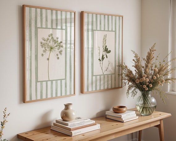 Sage Green Floral Wall Art Prints Set of 2: Cottage Style Botanical Decor