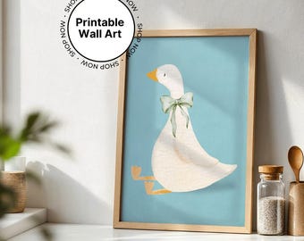 Silly goose printable digital wall art in baby blue with green coquette bow tie home nursery decor print at home printables boys room