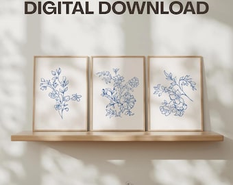 Blue Botanical Floral Wall Art Prints Set of 3 Digital Download: Cottage Style Flowers, Navy Blue Flower Decor