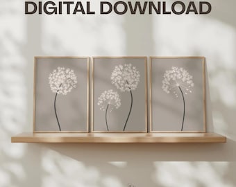 Beige Allium Flower Wall Art Prints Set of 3 Digital Download: Botanical Prints, Neutral Home Decor
