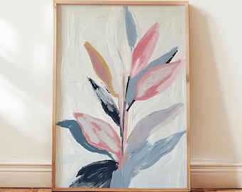 Botanical Leaves Art Print: Pink, Blue Floral Home Decor