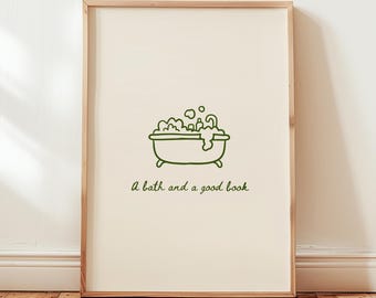 Bath and a Good Book Print, Minimalist Bathroom Art, Green Bathroom Decor