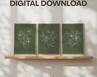 Olive Green Botanical Wall Art Prints Set of 3 Digital Download: Cottage Style Flowers, Neutral Flower Decor