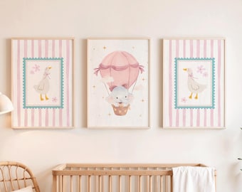 Silly goose nursery prints set of 3 dusty pink baby bedroom wall art gallery neutral home decor hot air balloon cute digital art print