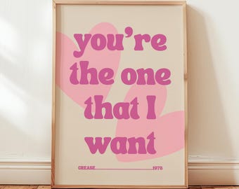 You're the one that I want, Grease Lyrics Print: Pink Retro Music Wall Art